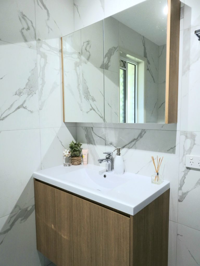 Custom vanity and mirror shaving cabinet, bathroom, interior design, sink, tapware, mirror, styling, marble, tiles, ensuite, renovation